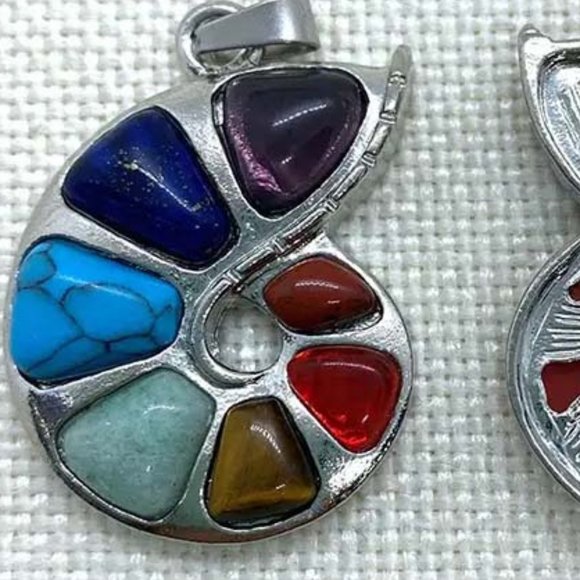 FIBONACCI NAUTILUS SHELL FAUX MULTICOLOR GEMS "CHAKRAS" PENDANT NECKLACE 33 - Picture 1 of 3